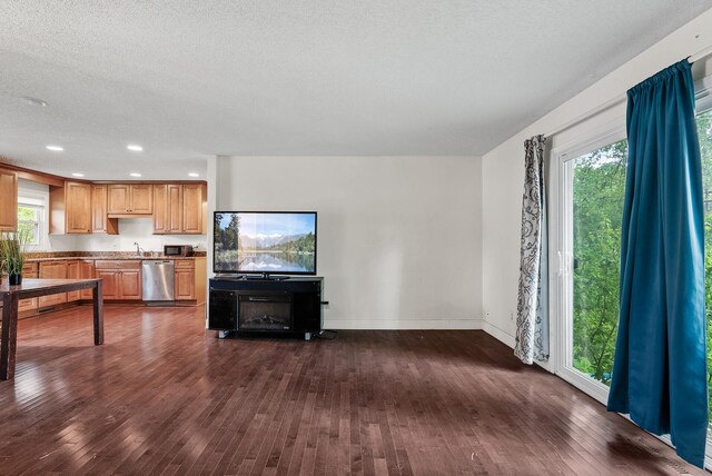 4209 81st Ave N, Brooklyn Park, MN 55443 - unfurnished living room with dark wood-style flooring, healthy amount of natural light, baseboards, recessed lighting, and a sink
