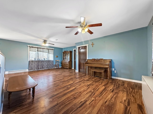living area featuring ceiling fan, wood finished floors, a baseboard radiator, and baseboards