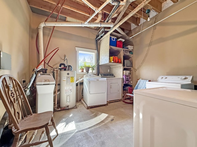 washroom featuring electric water heater and washer and dryer
