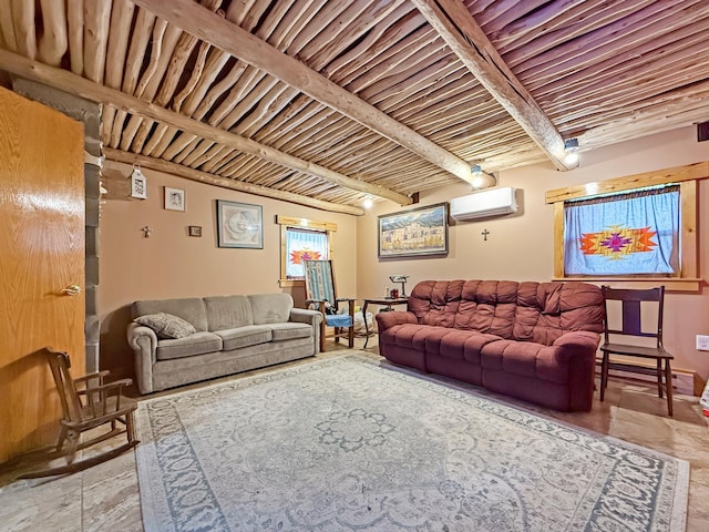 living area with a wall mounted AC and beam ceiling