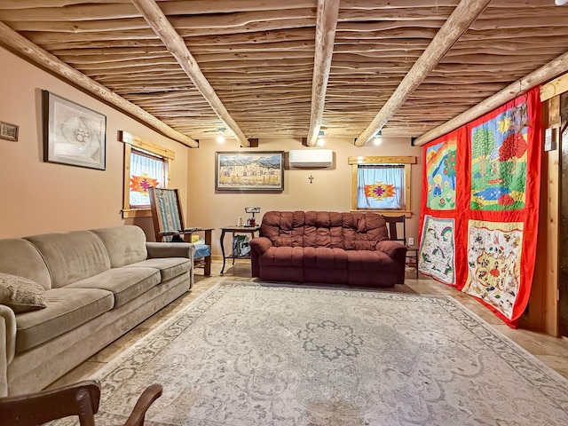living area featuring wooden ceiling and beamed ceiling