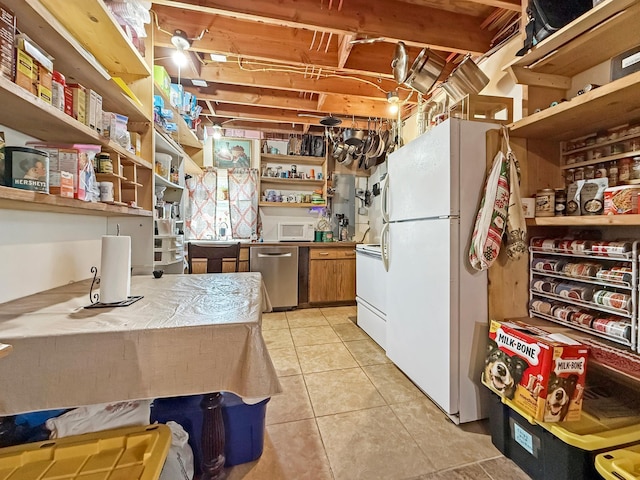 kitchen featuring open shelves, white appliances, light tile patterned floors, and brown cabinets