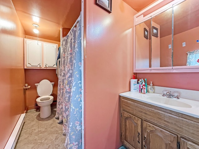 full bath with a baseboard radiator, vanity, toilet, baseboards, and a shower with shower curtain
