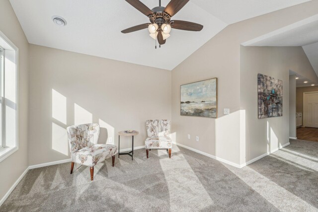 20106 Fitzgerald Trl N, Forest Lake, MN 55025 - living area with vaulted ceiling, carpet, ceiling fan, baseboards, and healthy amount of natural light