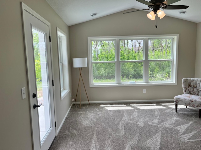 20106 Fitzgerald Trl N, Forest Lake, MN 55025 - sitting room with lofted ceiling, carpet flooring, baseboards, and a ceiling fan