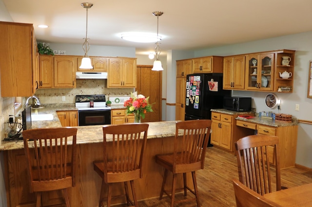 kitchen with black appliances, under cabinet range hood, a peninsula, light wood finished floors, and a sink
