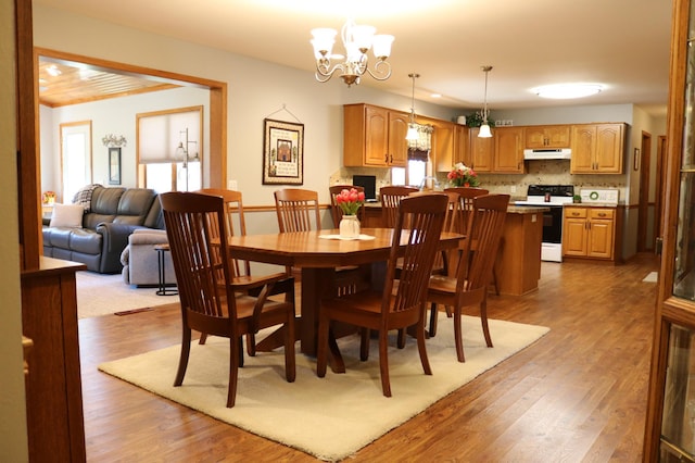 dining area with wood finished floors and a chandelier