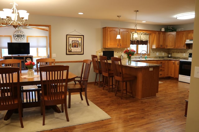 dining area featuring wood finished floors, a chandelier, and recessed lighting
