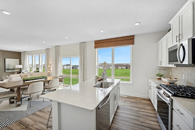 2461 Jandell Ave NE, Saint Michael, MN 55376 - kitchen with stainless steel appliances, an island with sink, light wood-style flooring, decorative backsplash, and recessed lighting