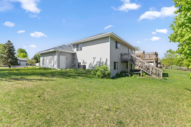 7724 385th St, North Branch, MN 55056 - back of house with stairs, a wooden deck, a yard, and central AC unit