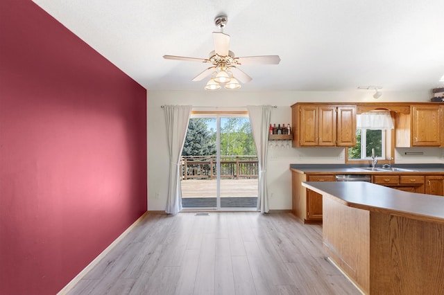 7724 385th St, North Branch, MN 55056 - kitchen with a sink, ceiling fan, light wood-type flooring, and brown cabinets
