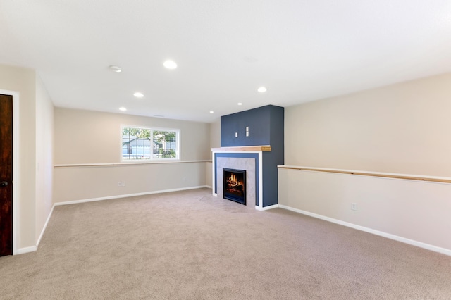 7724 385th St, North Branch, MN 55056 - unfurnished living room featuring carpet flooring, recessed lighting, a fireplace, and baseboards