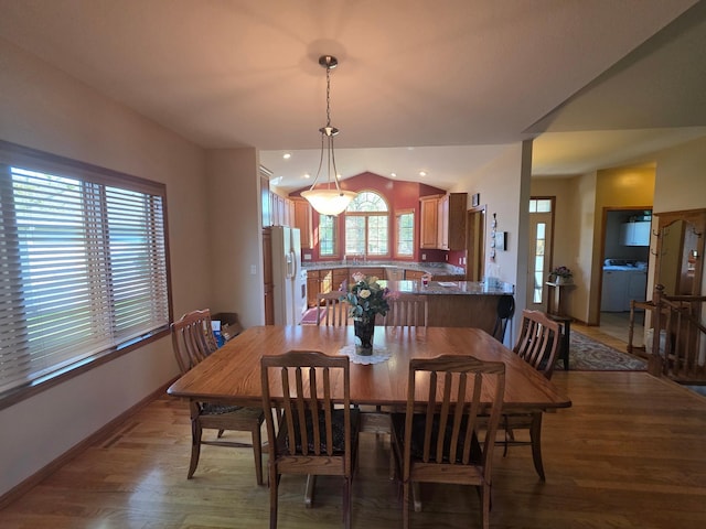 1073 Harvest Way, Lake City, MN 55041 - dining space featuring lofted ceiling, light wood finished floors, baseboards, and washer / dryer
