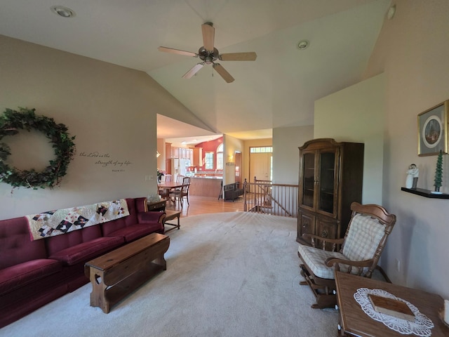 1073 Harvest Way, Lake City, MN 55041 - carpeted living area with a ceiling fan and high vaulted ceiling