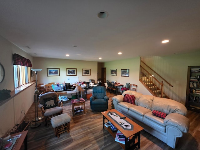1073 Harvest Way, Lake City, MN 55041 - living room with wood finished floors, stairs, and recessed lighting