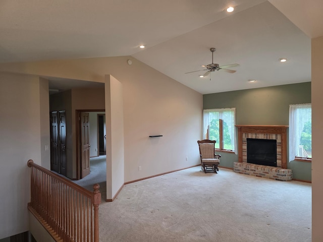 1073 Harvest Way, Lake City, MN 55041 - unfurnished living room with carpet floors, lofted ceiling, ceiling fan, a fireplace, and recessed lighting