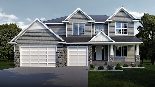 craftsman house with asphalt driveway, a front yard, stone siding, a porch, and an attached garage