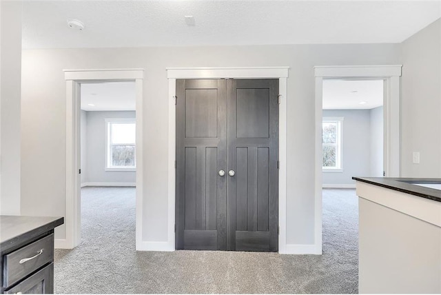 hall featuring carpet flooring, baseboards, and plenty of natural light