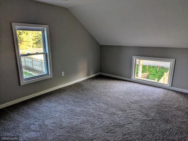bonus room with lofted ceiling, carpet, and baseboards