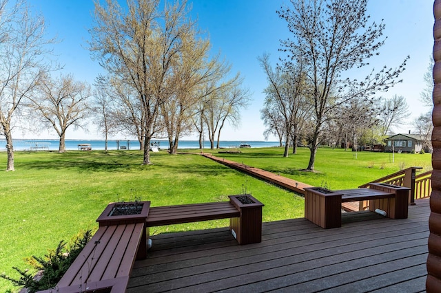 37009 Blarney Beach Rd, Everts Twp, MN 56515 - wooden deck featuring a water view and a lawn