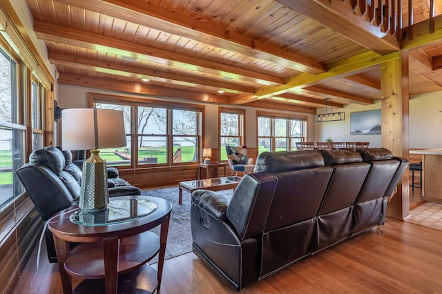 37009 Blarney Beach Rd, Everts Twp, MN 56515 - living area with light wood-type flooring, beamed ceiling, and wooden ceiling