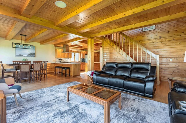 37009 Blarney Beach Rd, Everts Twp, MN 56515 - living room with beamed ceiling, light wood-style flooring, wooden ceiling, stairs, and wooden walls