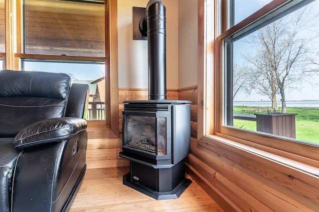 37009 Blarney Beach Rd, Everts Twp, MN 56515 - detailed view of a wood stove, wood finished floors, a wainscoted wall, and wooden walls