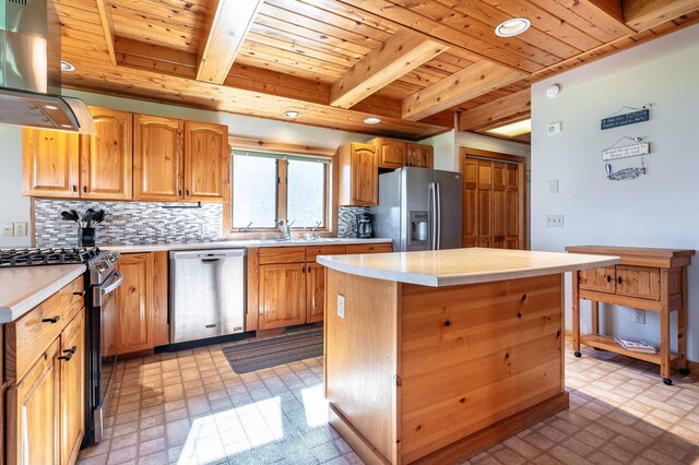 37009 Blarney Beach Rd, Everts Twp, MN 56515 - kitchen featuring appliances with stainless steel finishes, wooden ceiling, exhaust hood, beamed ceiling, and light countertops