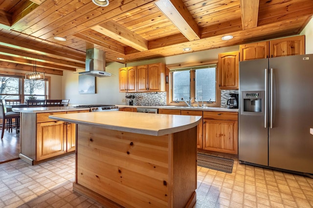 37009 Blarney Beach Rd, Everts Twp, MN 56515 - kitchen with stainless steel appliances, extractor fan, wood ceiling, a peninsula, and light countertops
