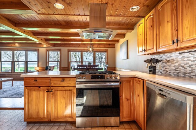 37009 Blarney Beach Rd, Everts Twp, MN 56515 - kitchen featuring appliances with stainless steel finishes, a peninsula, wooden ceiling, light countertops, and tasteful backsplash