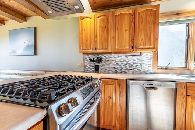 37009 Blarney Beach Rd, Everts Twp, MN 56515 - kitchen with stainless steel appliances, light countertops, decorative backsplash, beam ceiling, and wooden ceiling