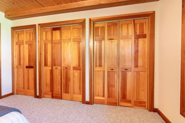 37009 Blarney Beach Rd, Everts Twp, MN 56515 - unfurnished bedroom with carpet flooring, two closets, baseboards, and wooden ceiling