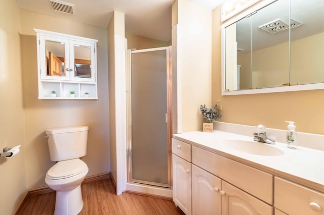 37009 Blarney Beach Rd, Everts Twp, MN 56515 - full bathroom featuring wood finished floors, a shower stall, toilet, vanity, and baseboards
