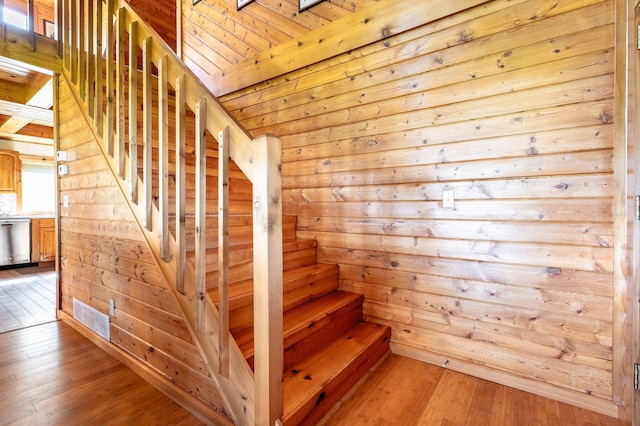 37009 Blarney Beach Rd, Everts Twp, MN 56515 - stairway with wood-type flooring and wood walls