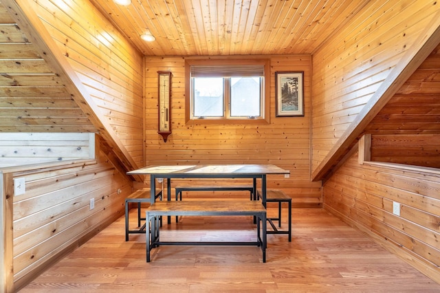 37009 Blarney Beach Rd, Everts Twp, MN 56515 - living area featuring wooden walls, light wood finished floors, and wood ceiling