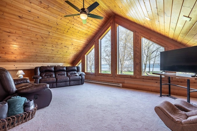 37009 Blarney Beach Rd, Everts Twp, MN 56515 - carpeted living area with wood ceiling, healthy amount of natural light, baseboard heating, vaulted ceiling, and ceiling fan