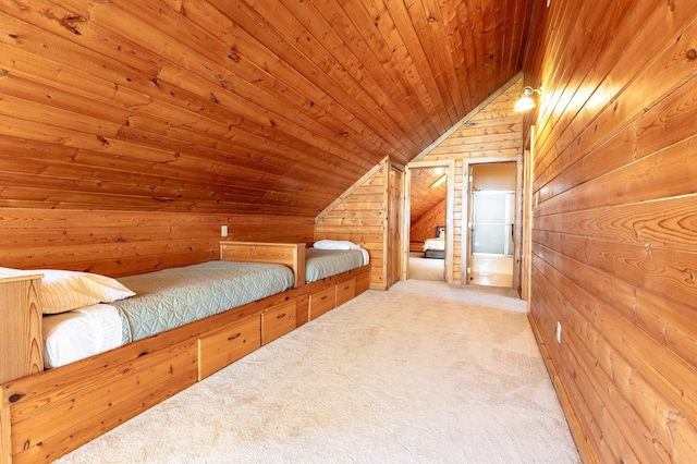 37009 Blarney Beach Rd, Everts Twp, MN 56515 - unfurnished bedroom featuring wood ceiling, vaulted ceiling, wooden walls, and carpet