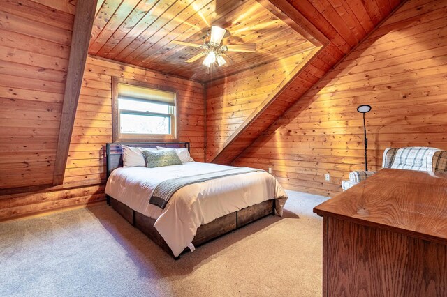 37009 Blarney Beach Rd, Everts Twp, MN 56515 - bedroom featuring wooden ceiling, carpet flooring, wood walls, and ceiling fan