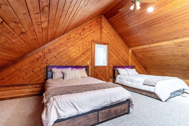 37009 Blarney Beach Rd, Everts Twp, MN 56515 - bedroom with wooden ceiling, carpet floors, wood walls, and lofted ceiling