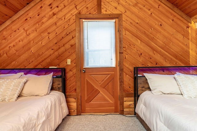 37009 Blarney Beach Rd, Everts Twp, MN 56515 - bedroom with light colored carpet, wooden ceiling, and wood walls