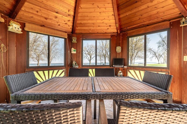 37009 Blarney Beach Rd, Everts Twp, MN 56515 - dining space featuring plenty of natural light, vaulted ceiling, and wood walls