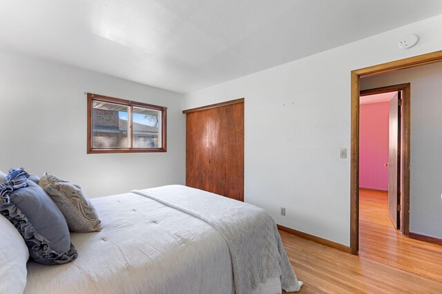bedroom with light wood-style flooring, baseboards, and a closet
