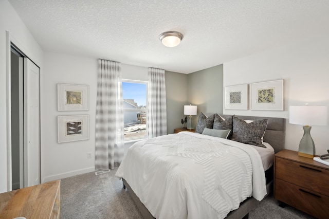 bedroom featuring carpet, a textured ceiling, baseboards, and a closet