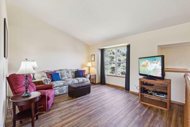 living area featuring wood finished floors, baseboards, and vaulted ceiling