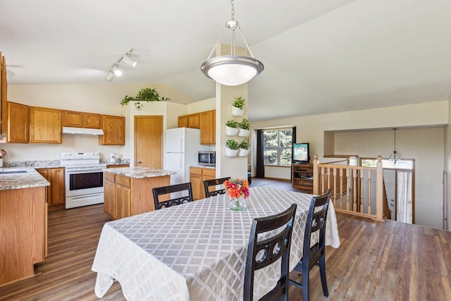 dining room with vaulted ceiling, dark wood-type flooring, and rail lighting