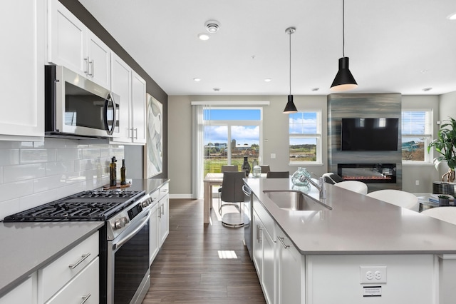 14420 Allerton Way, Rosemount, MN 55068 - kitchen with stainless steel appliances, a sink, a center island with sink, dark wood-style flooring, and decorative backsplash