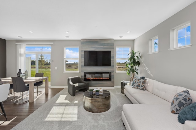 14420 Allerton Way, Rosemount, MN 55068 - living area featuring dark wood-type flooring, baseboards, a large fireplace, and recessed lighting