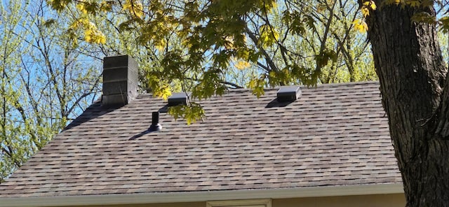 exterior view of a shingled roof and a chimney