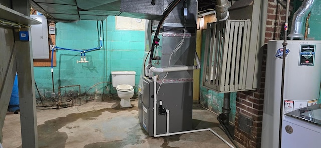 utility room featuring water heater, electric panel, and heating unit