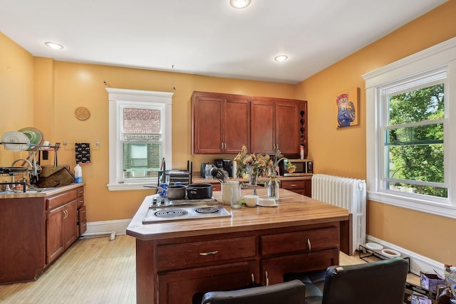 kitchen featuring radiator, light wood-style floors, baseboards, appliances with stainless steel finishes, and butcher block counters